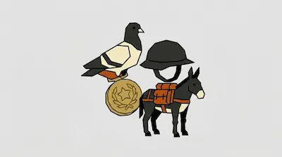 Flat illustration of a pigeon on a gold medal next to a donkey wearing a pack and a military helmet on a gray background