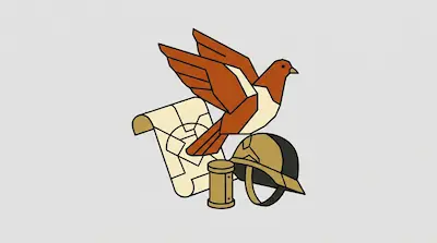 Flat illustration of a brown carrier pigeon flying over a map, a message tube, and a soldier helmet on a gray background