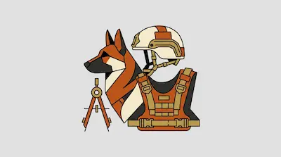 Flat illustration of a German Shepherd head, a tactical helmet, a military vest, and a compass on a gray background
