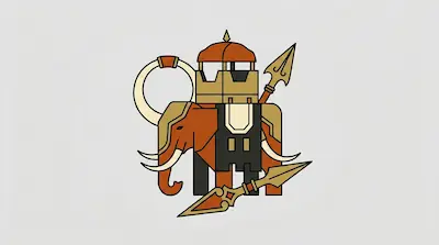 Flat illustration of an armored war elephant with a howdah on its back and two spears on a light gray background
