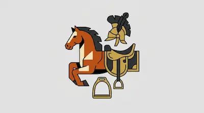 Flat illustration of a brown horse, a golden saddle, and a plumed knight helmet on a light gray background