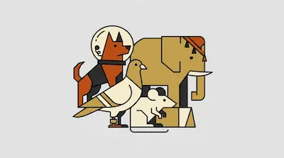 Flat illustration of a dog in a space helmet, a pigeon, a mouse, and an elephant using geometric shapes and thick lines