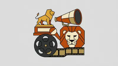 Flat illustration of a lion trophy, a film reel, and a megaphone in a geometric style with orange and tan tones.