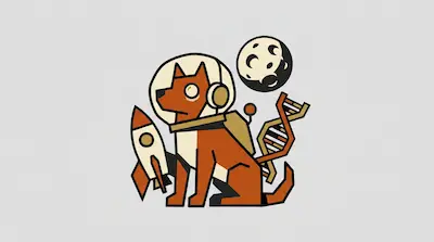 Flat illustration of a brown space dog wearing a helmet, standing by a rocket, a moon, and a DNA strand on a gray background