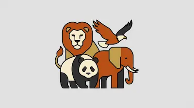 Flat illustration of a lion, panda, elephant, and eagle grouped together with bold outlines on a gray background