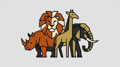 Flat illustration of a rhino, lion, giraffe, and elephant using geometric shapes and thick black outlines