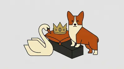Flat illustration of a white swan, a golden crown on a red pillow, and a brown corgi dog on a light grey background
