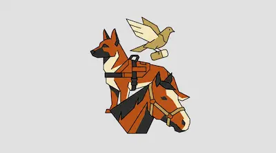 Flat illustration of a service dog, a horse head, and a carrier pigeon with a scroll on a light gray background