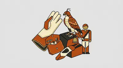 Flat illustration of a falconer, a hooded falcon, and a leather glove in orange and cream tones on a grey background