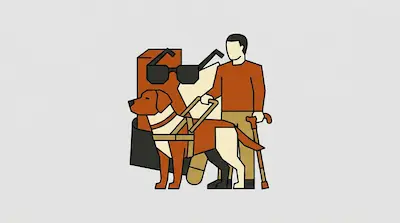 Flat illustration of a man with a cane and a guide dog, featuring sunglasses and geometric shapes in the background