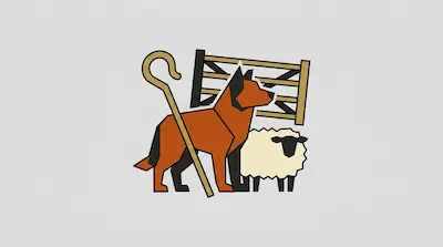 Flat illustration of a brown sheepdog standing by a fluffy white sheep, a wooden gate, and a shepherd crook on grey.