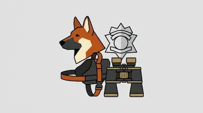 Flat illustration of a German Shepherd head, a silver police badge, and black binoculars on a light gray background