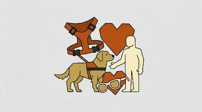 Flat illustration of a service dog, a human figure, and a harness with hearts on a light gray background.