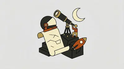 A stylized arrangement of space-themed objects including an astronaut helmet, a telescope, a star map, a crescent moon, and a rocket.