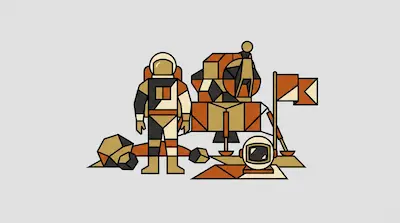 A geometric astronaut stands beside a lunar lander and a flag on a rocky surface.
