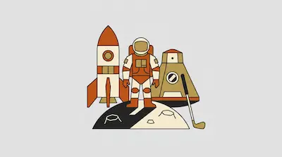 An astronaut stands on a cratered lunar surface between a rocket and a space capsule, with a golf club leaning to the side.