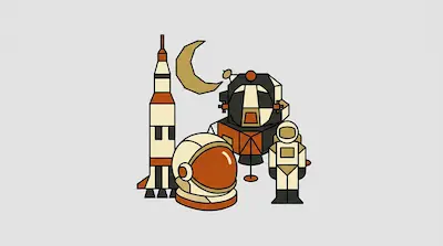 A rocket, crescent moon, lunar lander, astronaut helmet, and astronaut figure in a minimalist orange and cream color palette.