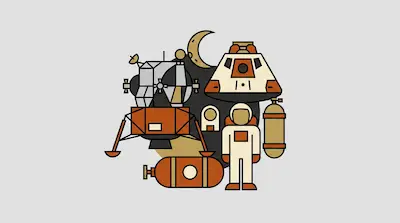 A collection of geometric space exploration graphics featuring a lunar module, an astronaut, a command capsule, and oxygen tanks.