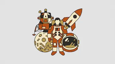 An astronaut stands surrounded by a rocket, a lunar lander, a space helmet, and a cratered moon.