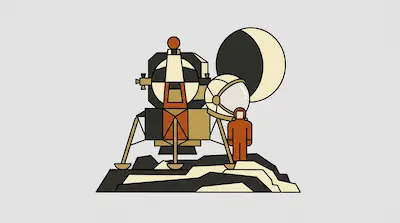 A lunar lander, an astronaut, and a large helmet sit on a rocky surface with a crescent moon in the background.