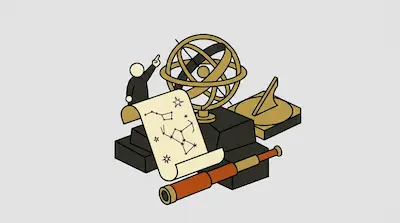 An armillary sphere, sundial, telescope, and star chart are arranged with a small figure pointing upward.