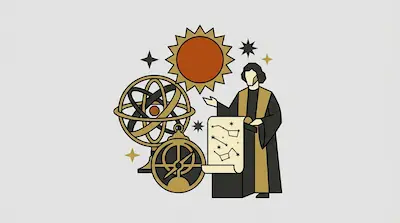 A person in a robe stands at a podium with a star chart, surrounded by an armillary sphere, an astrolabe, and a large sun.