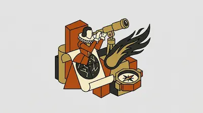 Flat illustration of an astronomer with a telescope, a star map, and a flaming comet on a light gray background