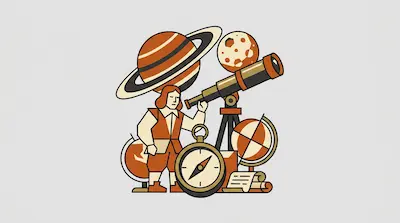 A person stands surrounded by a telescope, a large compass, globes, a scroll, a ringed planet, and a moon.
