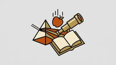 Isaac Newton represented with period clothing, open book, telescope, and falling apple symbolizing gravity