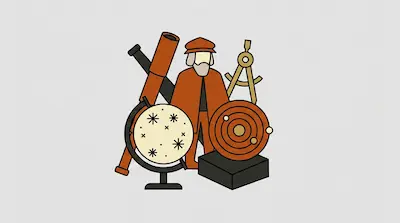 A stylized figure surrounded by scientific instruments including a telescope, a celestial globe, and a planetary model.
