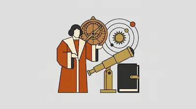 A figure in historical robes stands next to an astrolabe, a solar system diagram, a telescope, and a book.