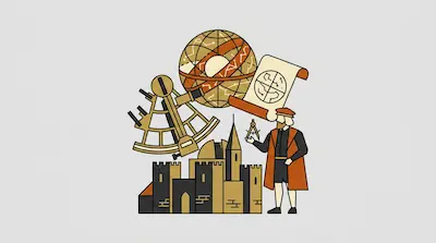 A man in historical clothing holds a compass next to a castle, with an armillary sphere, a sextant, and a scroll above him.