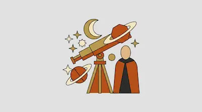 Flat illustration of an astronomer with a telescope, surrounded by planets, stars, and a crescent moon in warm tones