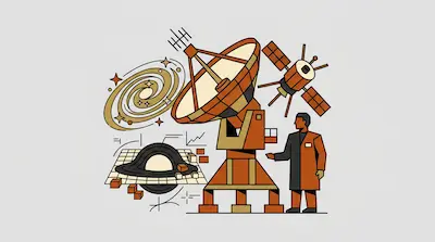 A person in a lab coat stands next to a large satellite dish, surrounded by a spiral galaxy, a satellite, and a black hole diagram.