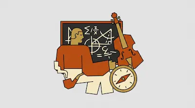 A person sits before a chalkboard filled with mathematical equations, surrounded by a cello, a compass, and a smoking pipe.