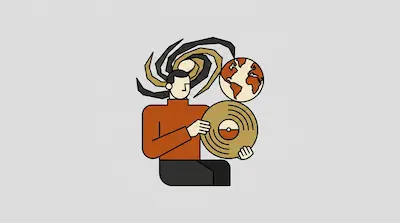 A person holds a vinyl record with a globe floating above it and a spiral galaxy behind their head.