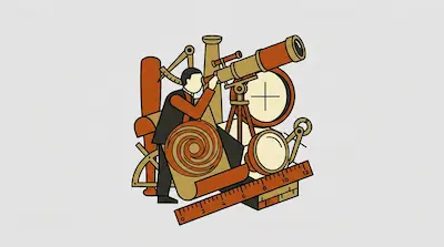 A person looks through a telescope surrounded by scientific instruments including a ruler, compass, and sextant.