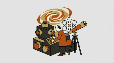 A person operates a control panel with dials, accompanied by a telescope, an atomic symbol, and a swirling galaxy.
