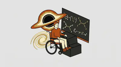 A person in a wheelchair sits before a chalkboard filled with physics equations, with a black hole and a spiral galaxy in the background.
