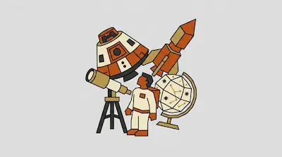 A stylized astronaut stands surrounded by a telescope, a space capsule, a rocket, and a celestial globe.