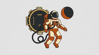 An astronaut in an orange and cream suit floats in space, tethered to a large circular hatch with a small planet nearby.