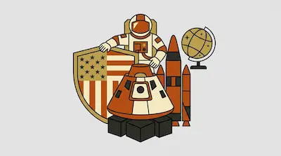 An astronaut stands behind a shield with an American flag pattern, surrounded by a space capsule, rockets, and a globe.