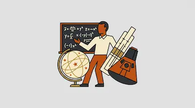 Flat illustration of a man standing by a chalkboard with math equations, a celestial globe, and a space capsule.