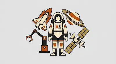 An astronaut stands in the center of a group of space-themed icons, including a space shuttle, a ringed planet, a satellite, and a robotic arm.