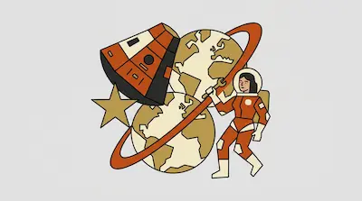 An astronaut in an orange suit holds a wrench next to two globes, a space capsule, and a star.