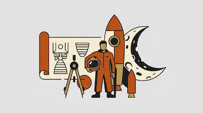 Flat illustration of an astronaut in an orange suit standing by a rocket, a blueprint, and a crescent moon