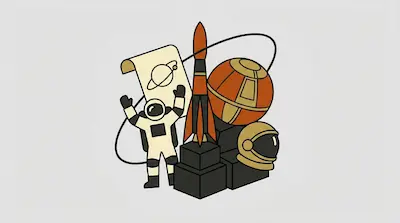 An astronaut with raised arms stands beside a rocket, a large sphere, a space helmet, and a scroll depicting a ringed planet.