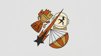 A broken rocket engine, a cracked astronaut helmet, a falling star, and a parachute are clustered together in a graphic style.