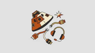 A space capsule, a star, a headset, and three frayed cables with connectors float against a gray background.