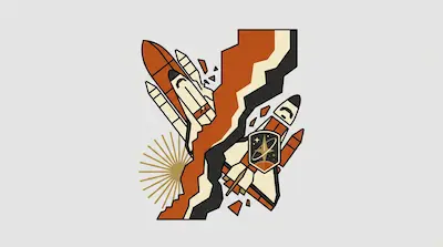 A stylized spacecraft is divided by a jagged, multi-colored vertical shape, with a sunburst pattern on the left and a mission emblem on the right.